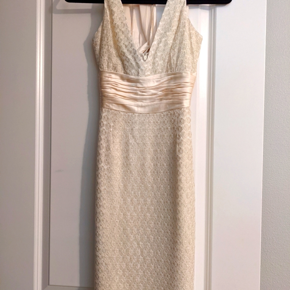 Gorgeous Maggie London Gold V neck Midi with Satin Waist Tie